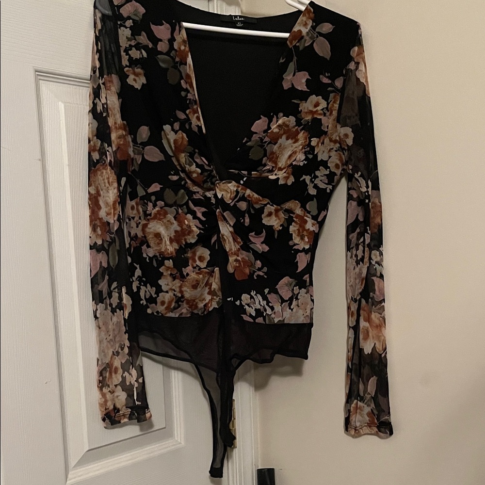 Lulu's Black Floral Wrap Blouse